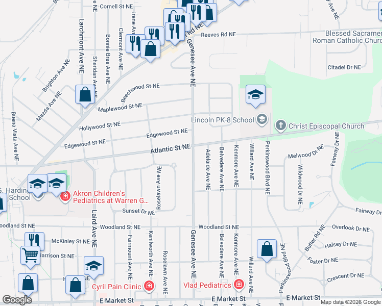 map of restaurants, bars, coffee shops, grocery stores, and more near 851 Genesee Avenue Northeast in Warren