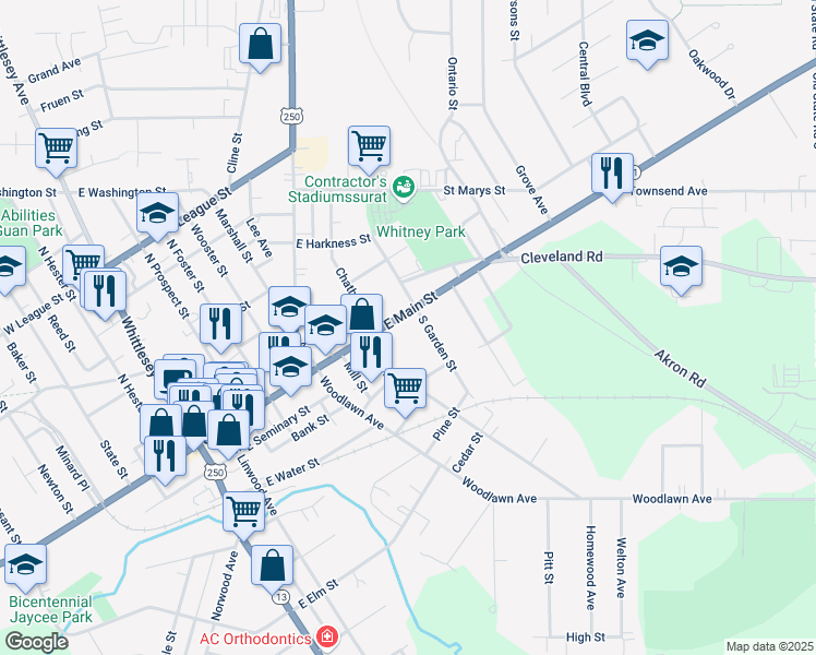 map of restaurants, bars, coffee shops, grocery stores, and more near 128 East Main Street in Norwalk