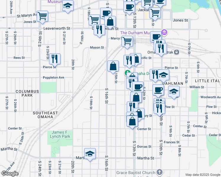 map of restaurants, bars, coffee shops, grocery stores, and more near 1401 South 16th Street in Omaha