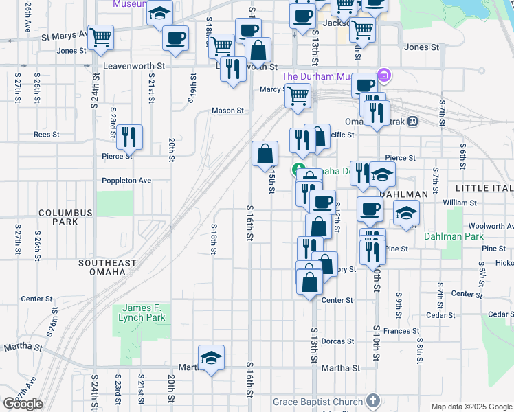 map of restaurants, bars, coffee shops, grocery stores, and more near 1401 South 16th Street in Omaha