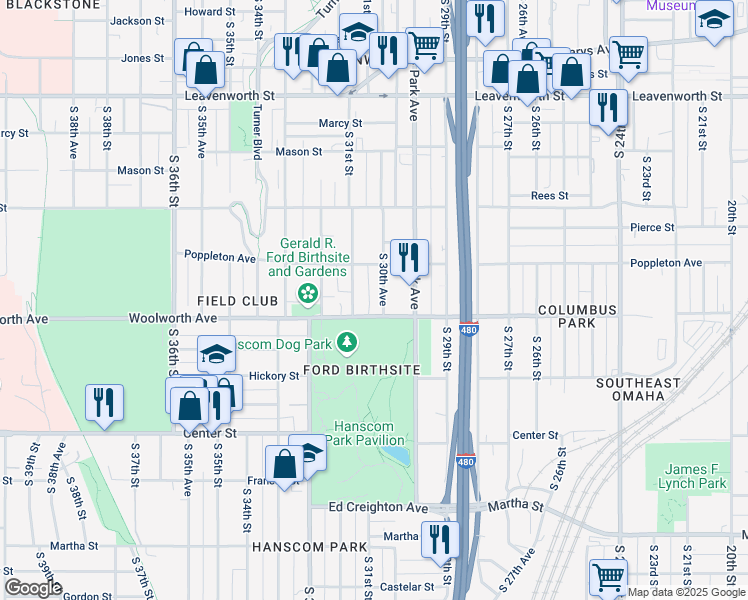 map of restaurants, bars, coffee shops, grocery stores, and more near 3062 Woolworth Avenue in Omaha