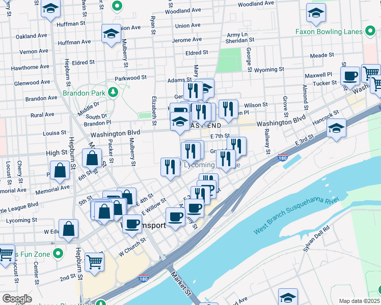 map of restaurants, bars, coffee shops, grocery stores, and more near 420 Lacey Street in Williamsport