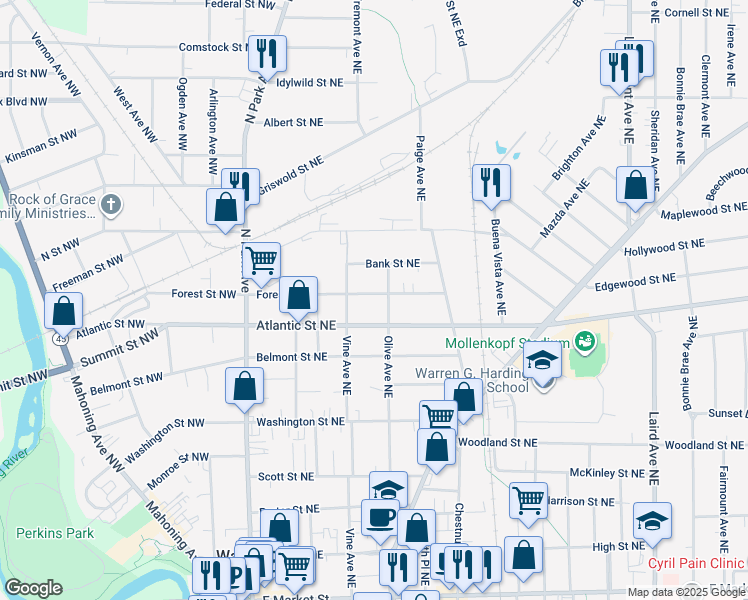 map of restaurants, bars, coffee shops, grocery stores, and more near 460 Forest Street Northeast in Warren