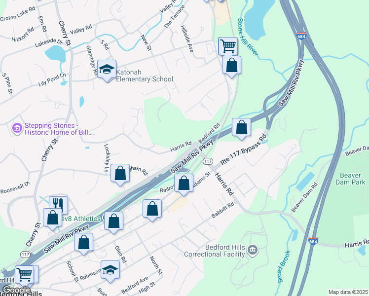map of restaurants, bars, coffee shops, grocery stores, and more near 129 Harris Road in Katonah