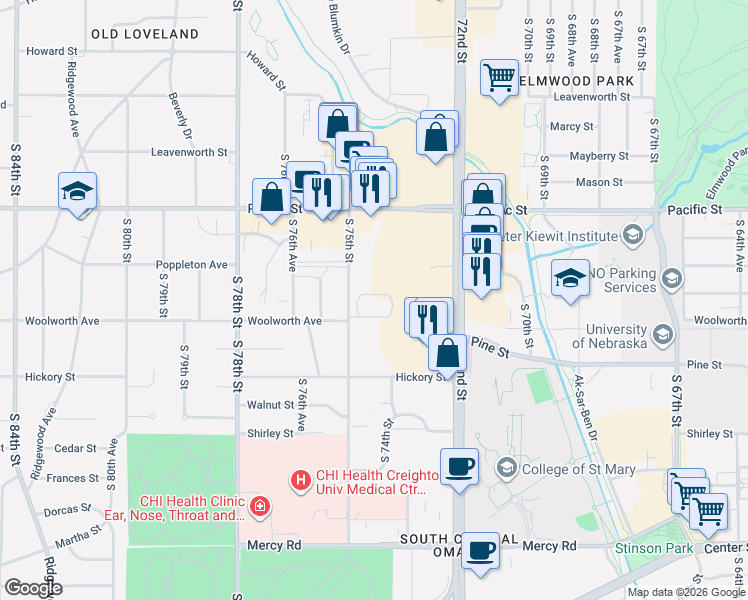map of restaurants, bars, coffee shops, grocery stores, and more near 7411 William Plaza in Omaha