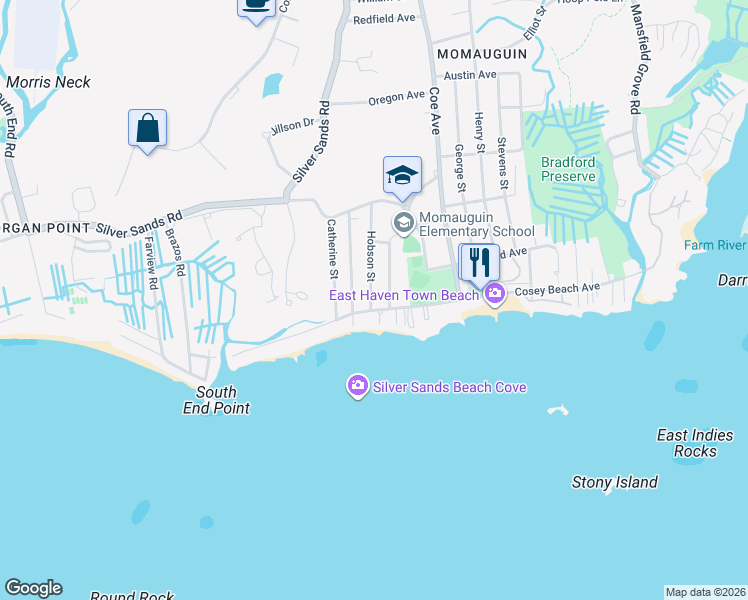 map of restaurants, bars, coffee shops, grocery stores, and more near 7 Hobson Avenue in East Haven