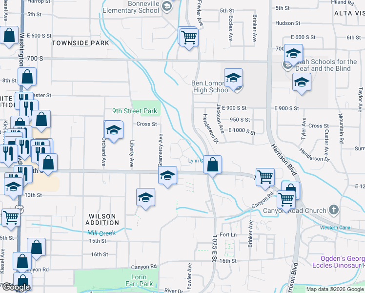 map of restaurants, bars, coffee shops, grocery stores, and more near 1066 South 885 East in Ogden