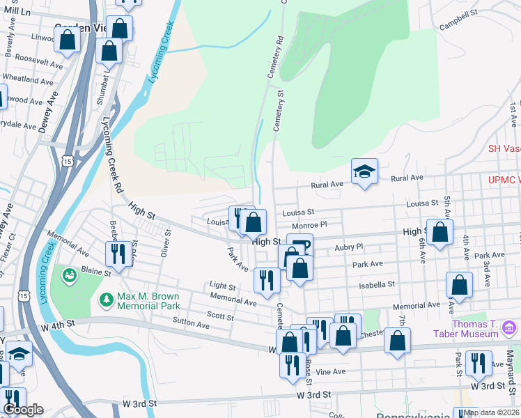 map of restaurants, bars, coffee shops, grocery stores, and more near 730-798 Wildwood Boulevard in Williamsport