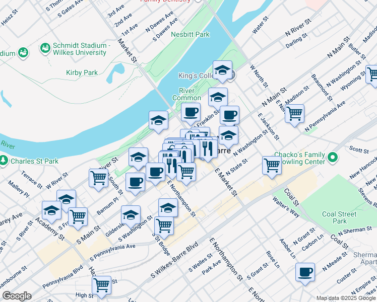 map of restaurants, bars, coffee shops, grocery stores, and more near 15 South Main Street in Wilkes-Barre