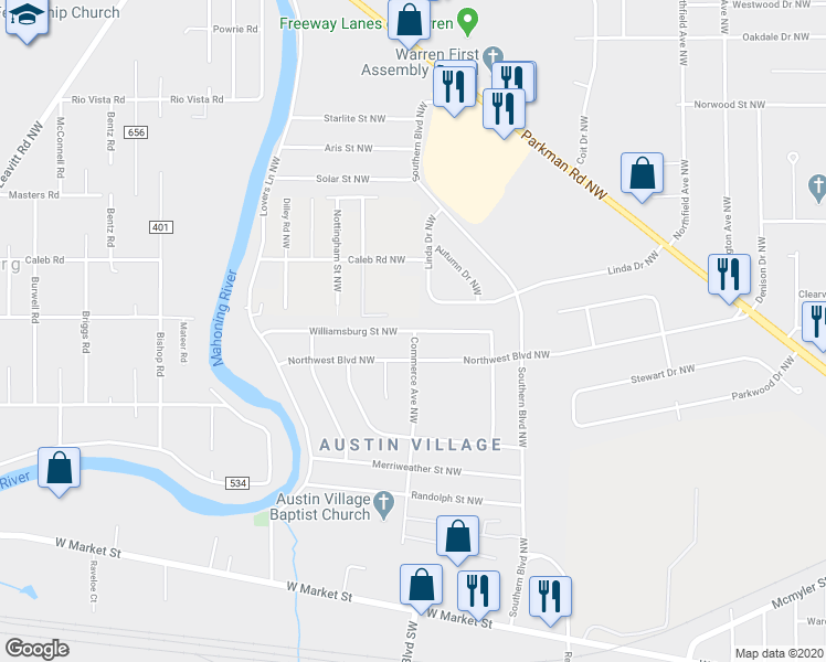 map of restaurants, bars, coffee shops, grocery stores, and more near 3101 Williamsburg Street Northwest in Warren
