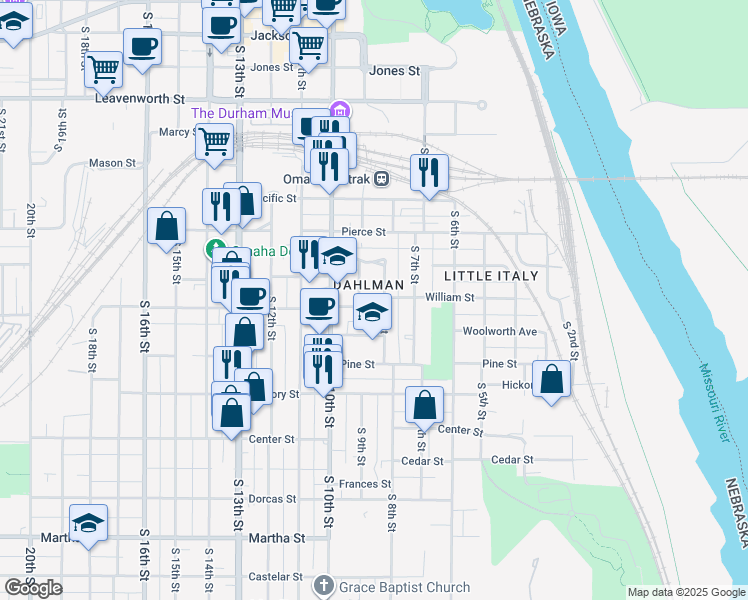 map of restaurants, bars, coffee shops, grocery stores, and more near 825 William Street in Omaha