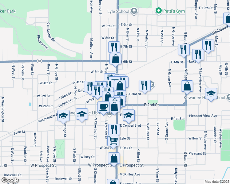 map of restaurants, bars, coffee shops, grocery stores, and more near 102 West 3rd Street in Kewanee