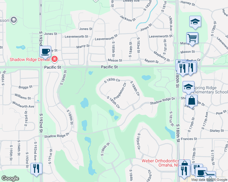 map of restaurants, bars, coffee shops, grocery stores, and more near 18415 Pierce Circle in Omaha