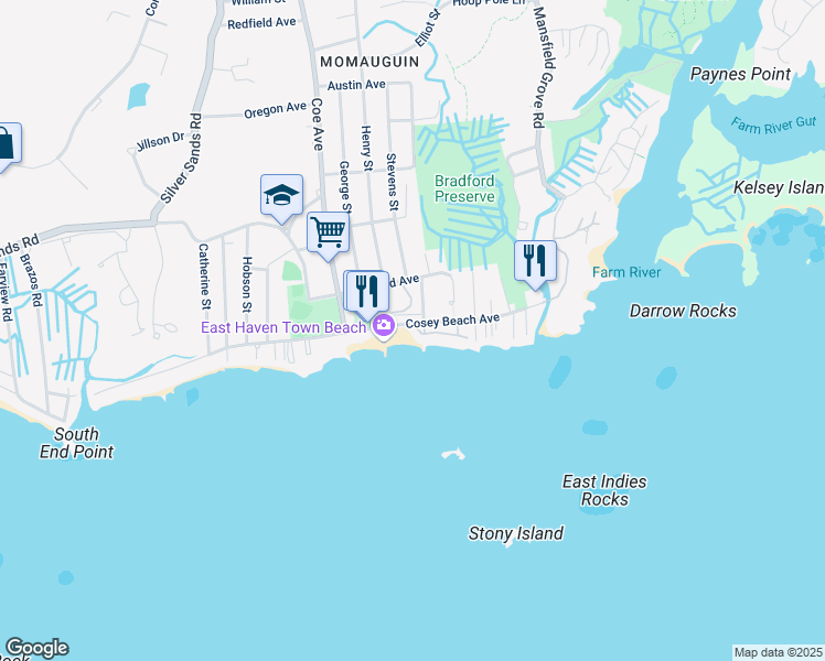 map of restaurants, bars, coffee shops, grocery stores, and more near 9 2nd Avenue in East Haven