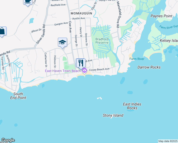 map of restaurants, bars, coffee shops, grocery stores, and more near 80-4 Cosey Beach Avenue in East Haven