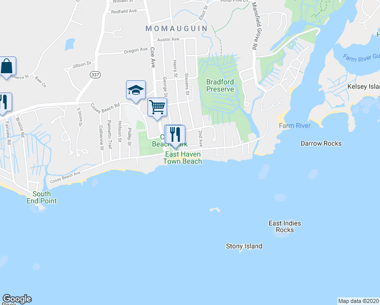 map of restaurants, bars, coffee shops, grocery stores, and more near 80-4 Cosey Beach Avenue in East Haven