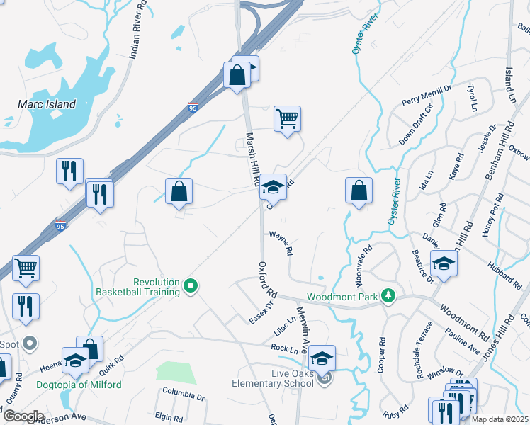 map of restaurants, bars, coffee shops, grocery stores, and more near 4 Oxford Road in Milford
