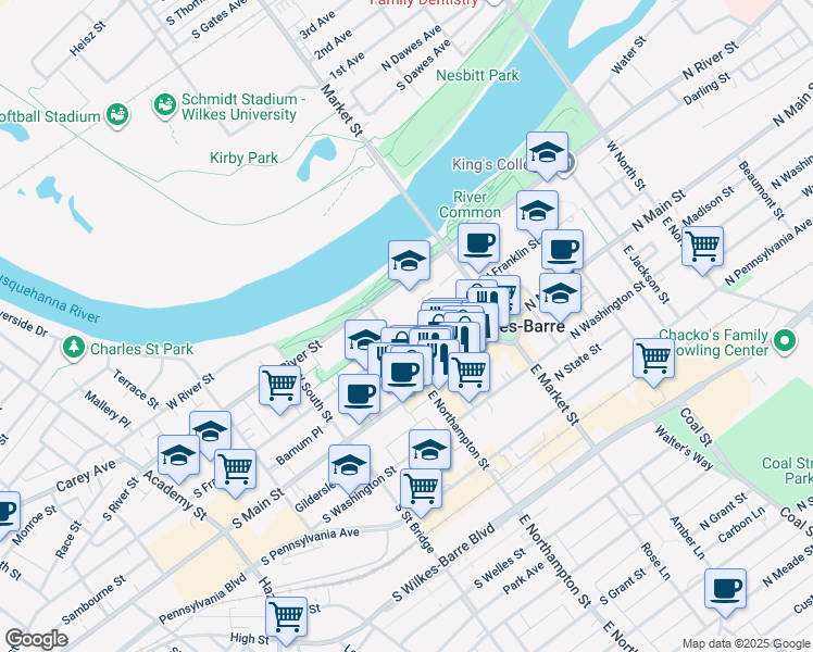 map of restaurants, bars, coffee shops, grocery stores, and more near 785 South Franklin Street in Wilkes-Barre