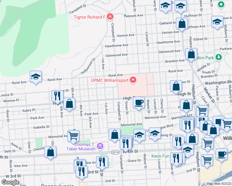 map of restaurants, bars, coffee shops, grocery stores, and more near 704 Campbell Street in Williamsport
