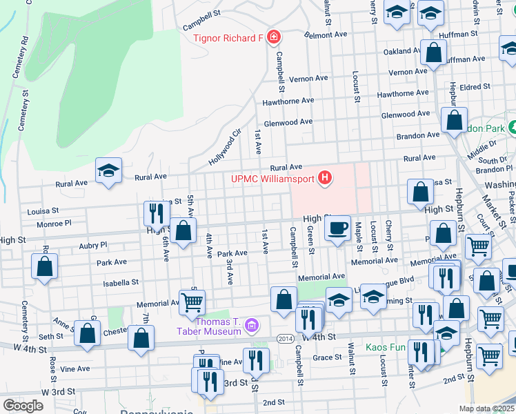 map of restaurants, bars, coffee shops, grocery stores, and more near 828 High Street in Williamsport