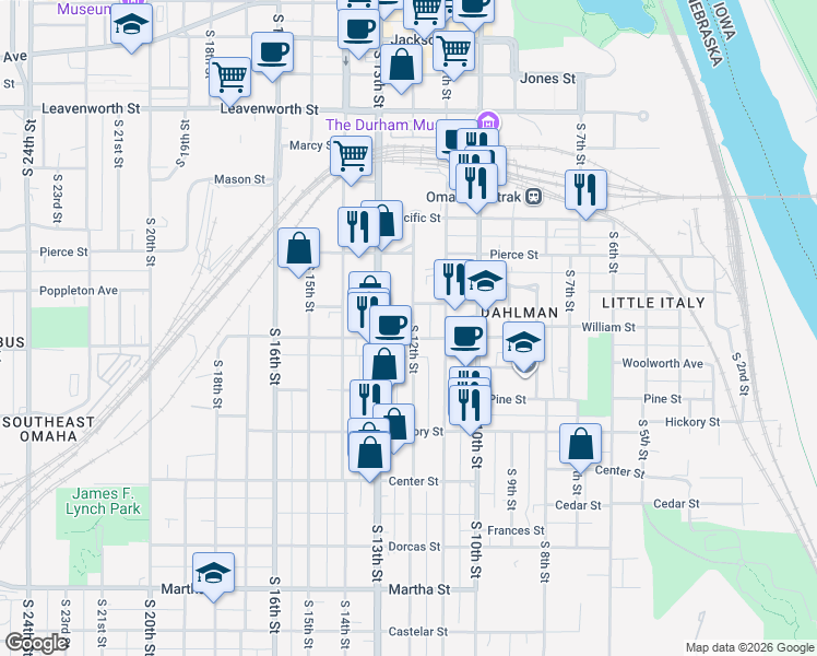 map of restaurants, bars, coffee shops, grocery stores, and more near 1211 William Street in Omaha