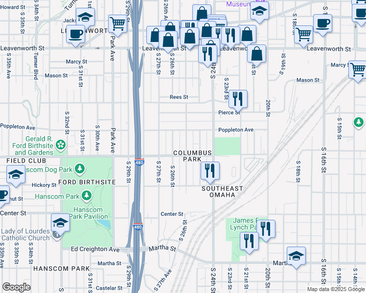 map of restaurants, bars, coffee shops, grocery stores, and more near 2518 Woolworth Avenue in Omaha