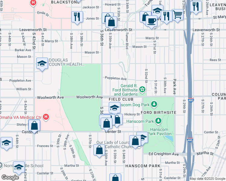 map of restaurants, bars, coffee shops, grocery stores, and more near 3504 Woolworth Avenue in Omaha