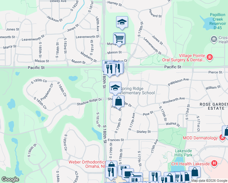 map of restaurants, bars, coffee shops, grocery stores, and more near 17830 Shadow Ridge Drive in Omaha