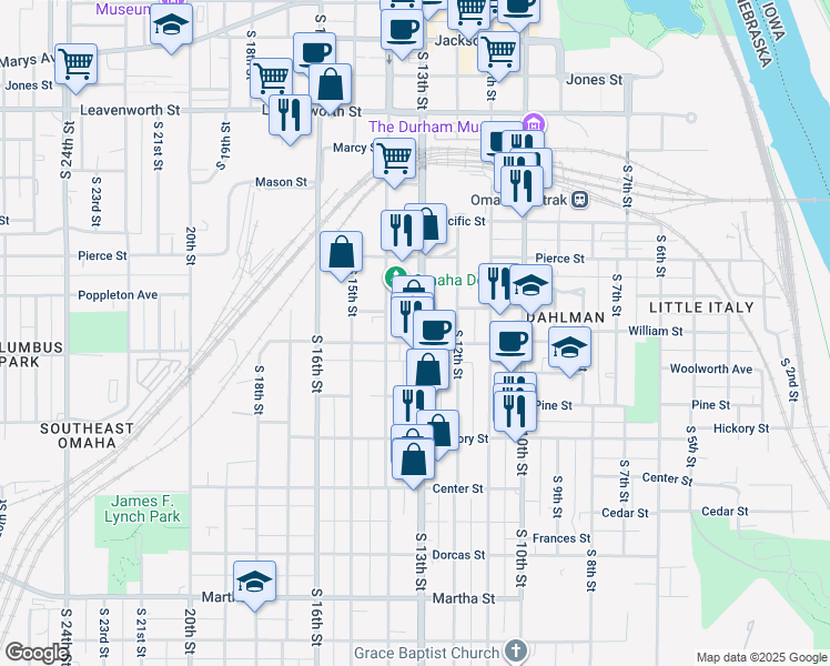 map of restaurants, bars, coffee shops, grocery stores, and more near 1317 William Street in Omaha