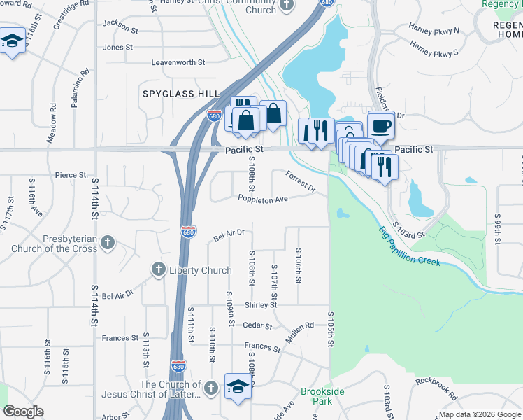 map of restaurants, bars, coffee shops, grocery stores, and more near 1425 South 108th Street in Omaha