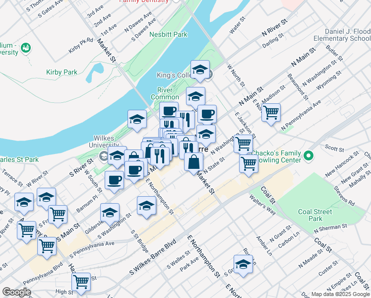 map of restaurants, bars, coffee shops, grocery stores, and more near in Wilkes-Barre