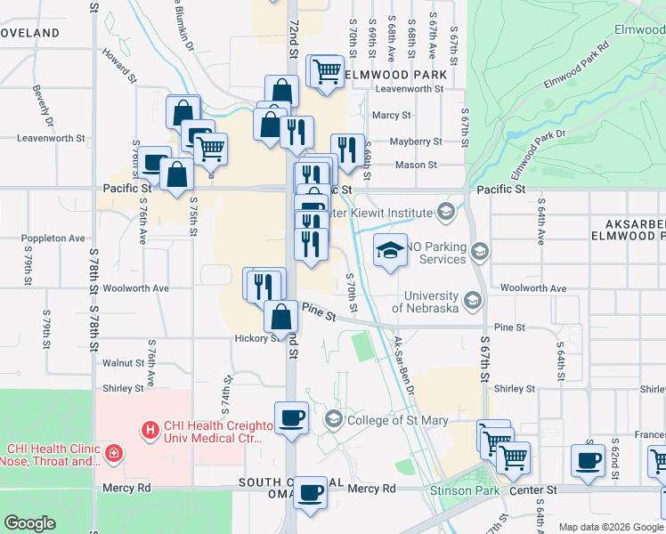 map of restaurants, bars, coffee shops, grocery stores, and more near 1330 South 70th Street in Omaha