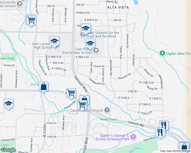 map of restaurants, bars, coffee shops, grocery stores, and more near 1045 Peach Drive in Ogden