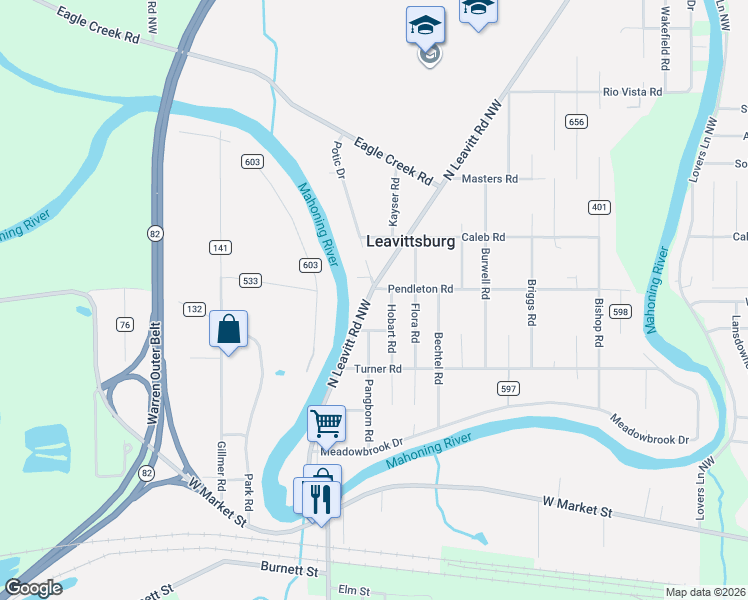 map of restaurants, bars, coffee shops, grocery stores, and more near 444 North Leavitt Road Northwest in Leavittsburg