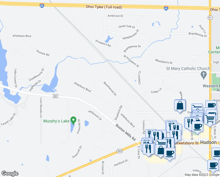 map of restaurants, bars, coffee shops, grocery stores, and more near 214 Brentwood Drive in Hudson