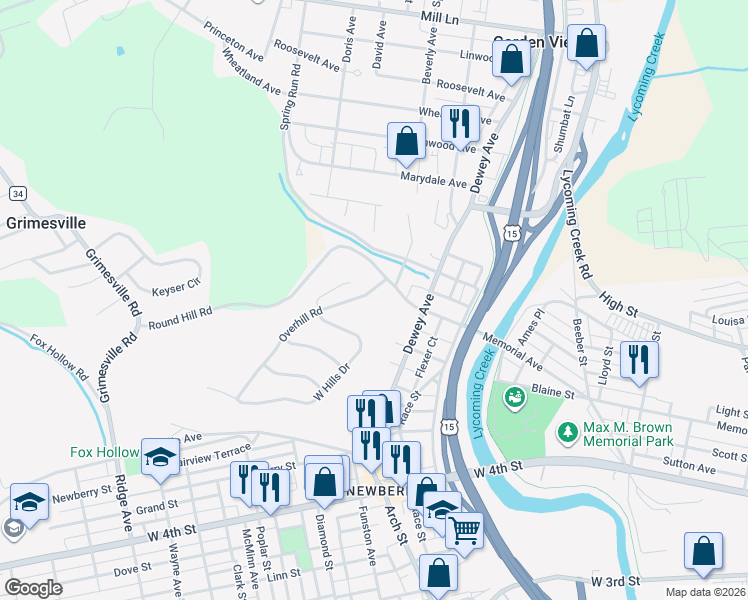 map of restaurants, bars, coffee shops, grocery stores, and more near 5 Overhill Road in Williamsport