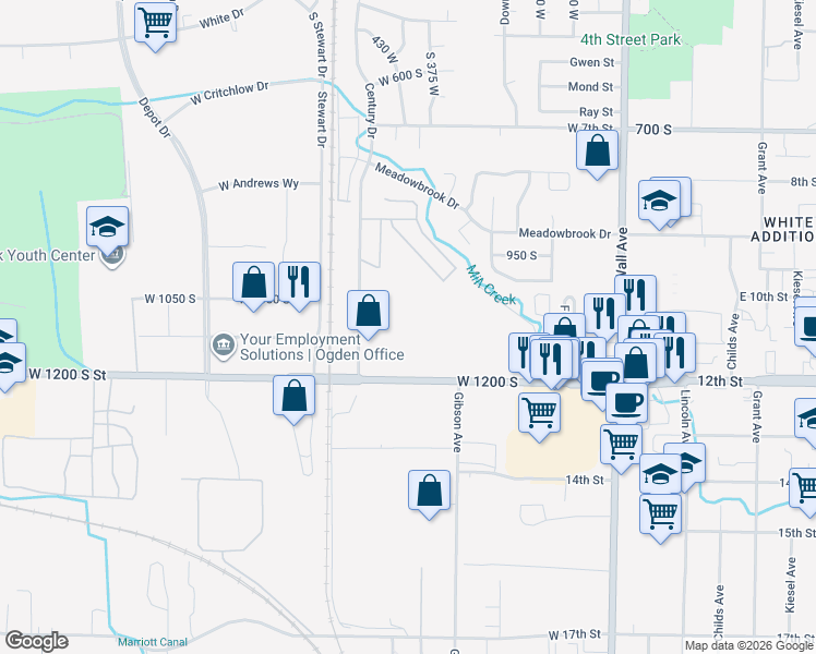 map of restaurants, bars, coffee shops, grocery stores, and more near 432 West 1100 South in Ogden