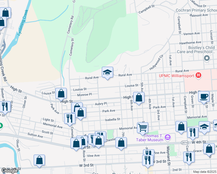map of restaurants, bars, coffee shops, grocery stores, and more near 1150 Louisa Street in Williamsport