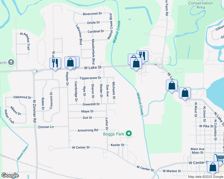 map of restaurants, bars, coffee shops, grocery stores, and more near 1822 Michaels St in Warsaw