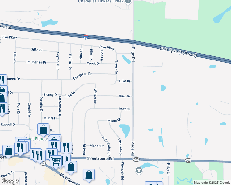 map of restaurants, bars, coffee shops, grocery stores, and more near 9450 Briar Drive in Streetsboro