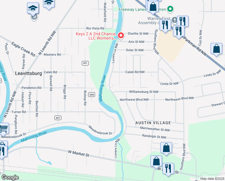 map of restaurants, bars, coffee shops, grocery stores, and more near 3494 Williamsburg Street Northwest in Warren