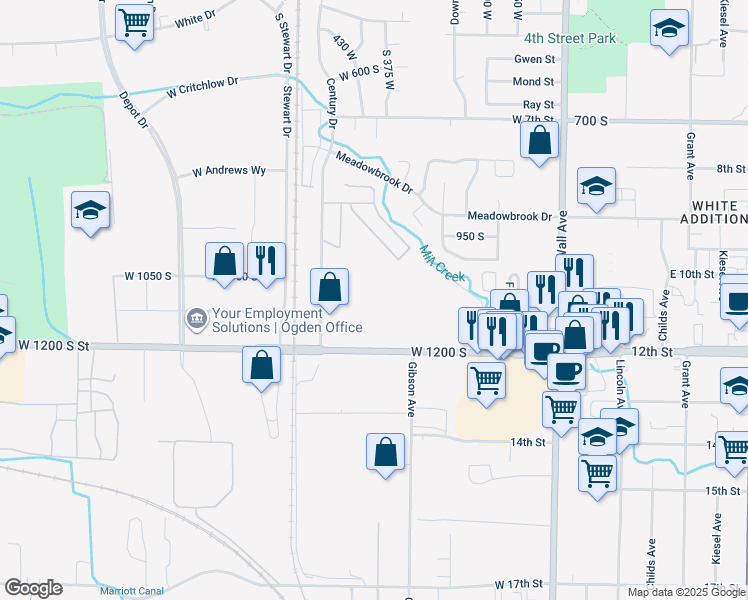 map of restaurants, bars, coffee shops, grocery stores, and more near 326-448 W 1200 S in Ogden