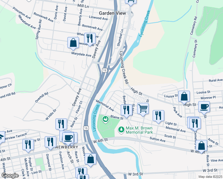 map of restaurants, bars, coffee shops, grocery stores, and more near 638-646 Ames Place in Williamsport