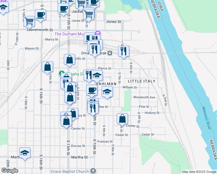 map of restaurants, bars, coffee shops, grocery stores, and more near 825 William Street in Omaha