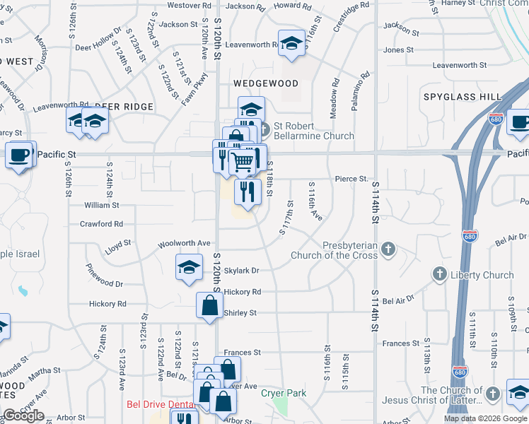 map of restaurants, bars, coffee shops, grocery stores, and more near 1313 South 118th Street in Omaha