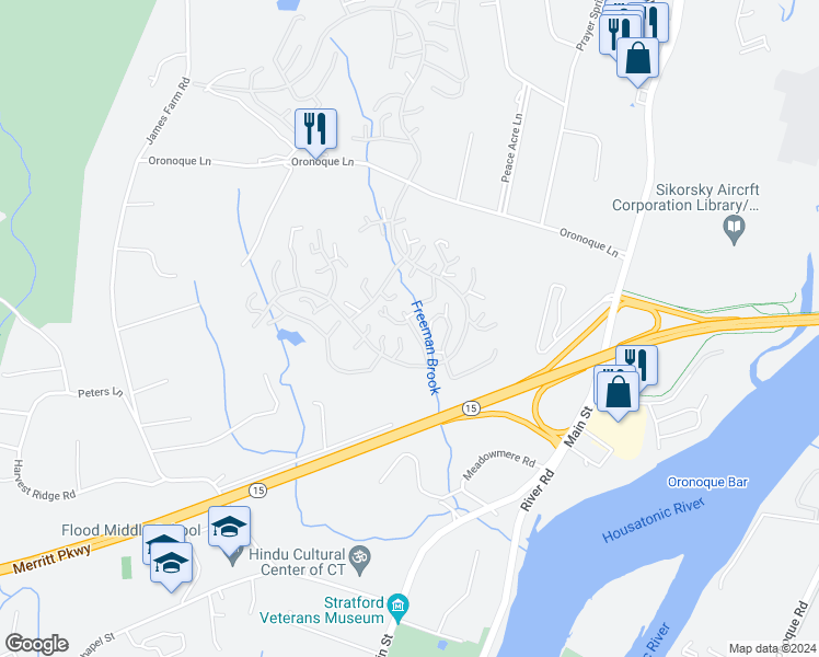 map of restaurants, bars, coffee shops, grocery stores, and more near 98 Seminole Lane in Stratford
