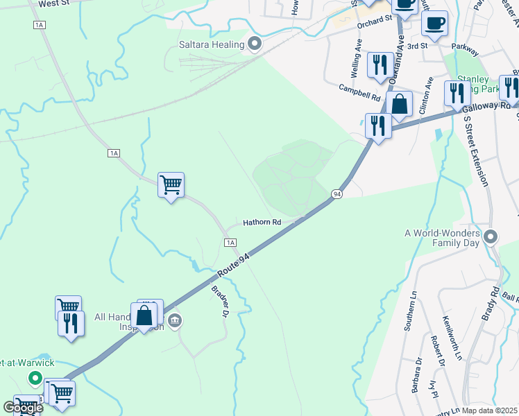 map of restaurants, bars, coffee shops, grocery stores, and more near 11 Hathorn Road in Warwick