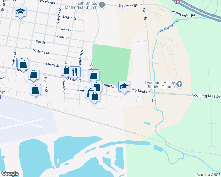 map of restaurants, bars, coffee shops, grocery stores, and more near 101-199 Reading Ln in Montoursville