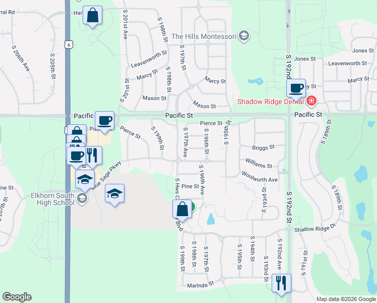 map of restaurants, bars, coffee shops, grocery stores, and more near 19664 William Street in Omaha