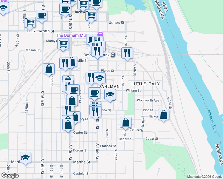 map of restaurants, bars, coffee shops, grocery stores, and more near 825 William Street in Omaha